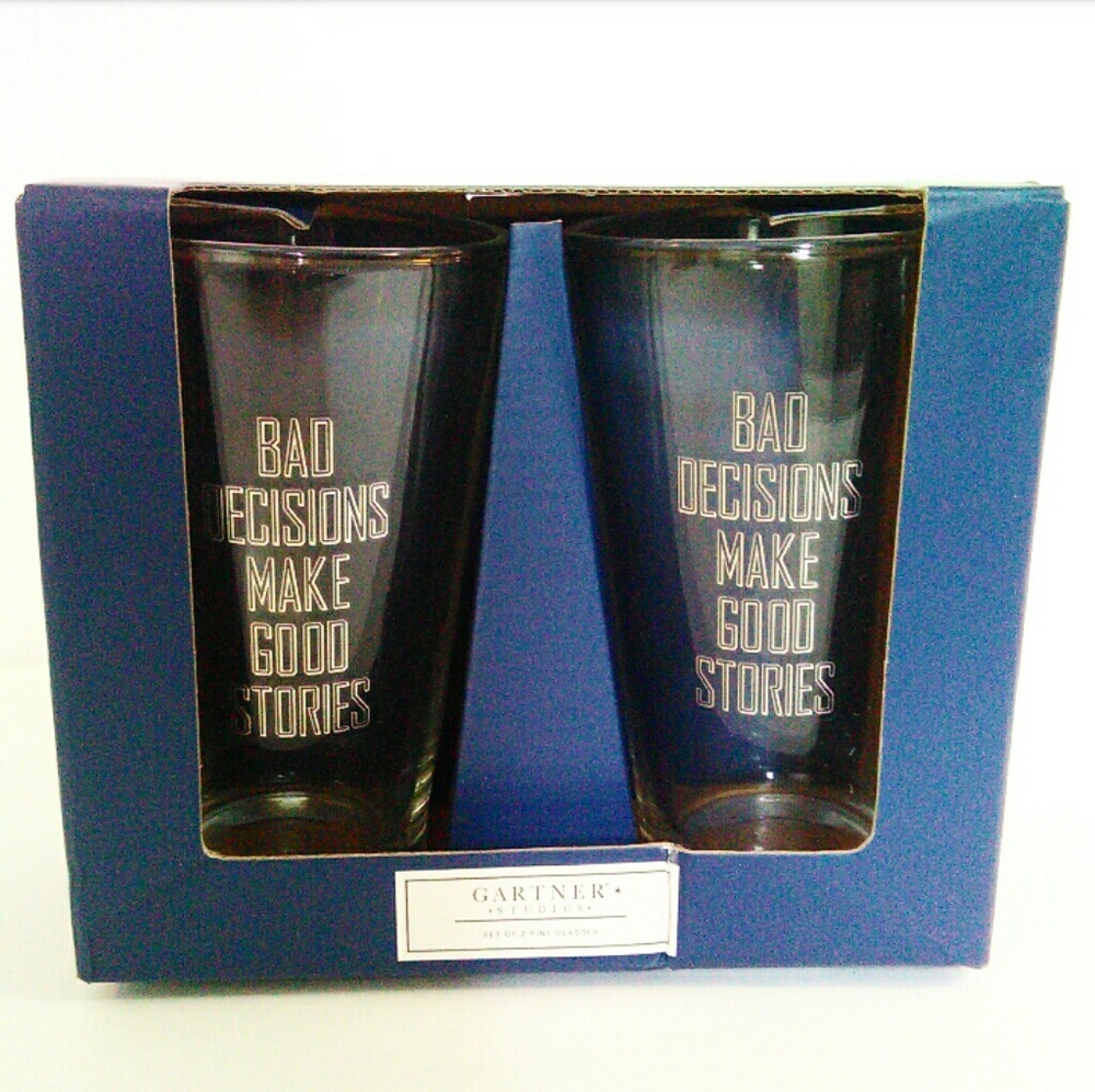 NEW Gartner Pint Glasses Set of 2 Bad Decisions/Good Stories